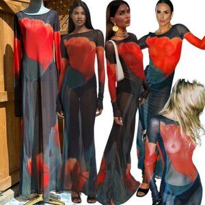 🆕 RAT & BOA 🧿 NWOT Juniper Sheer Long Sleeve Dress, Dark Red Tulip, Sz L